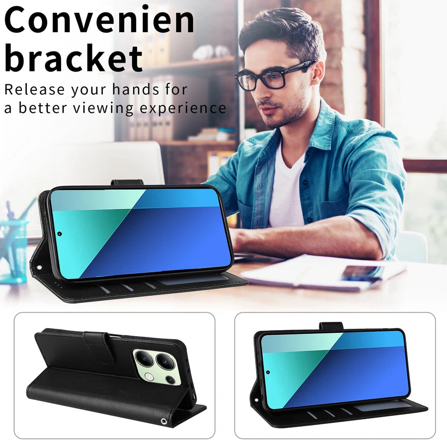 Leather Wallet Case with Card Slot and Kickstand for Xiaomi Redmi Note 13 Pro, 12, 12S, 11, 11S, 10, 10S, 9 Pro, 8T, and 7