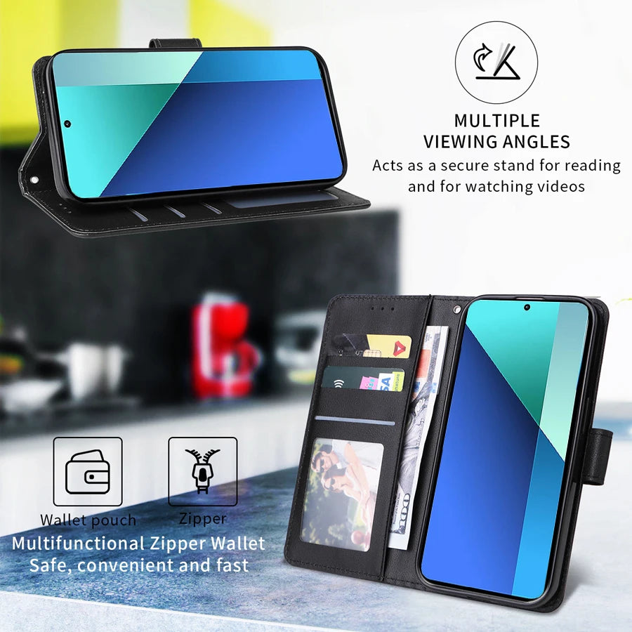 Leather Wallet Case with Card Slot and Kickstand for Xiaomi Redmi Note 13 Pro, 12, 12S, 11, 11S, 10, 10S, 9 Pro, 8T, and 7