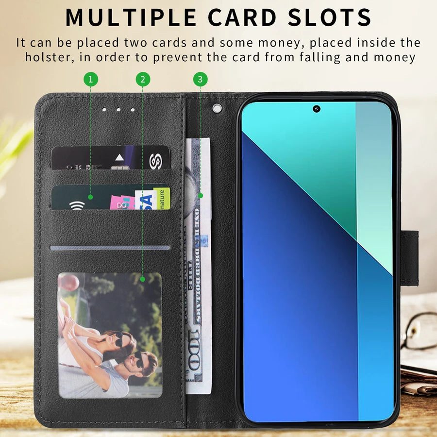 Leather Wallet Case with Card Slot and Kickstand for Xiaomi Redmi Note 13 Pro, 12, 12S, 11, 11S, 10, 10S, 9 Pro, 8T, and 7